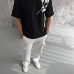 ERKEK Bisiklet Yaka Baskılı Oversize T-Shirt - Siyah