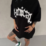 kadın  Bisiklet Yaka Baskılı Oversize T-Shirt - Siyah