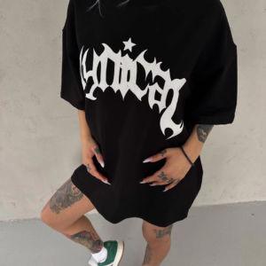 kadın  Bisiklet Yaka Baskılı Oversize T-Shirt - Siyah