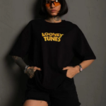 kadın Bisiklet Yaka Baskılı Oversize T-Shirt - Siyah