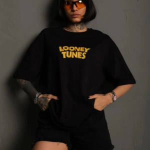 kadın Bisiklet Yaka Baskılı Oversize T-Shirt - Siyah