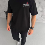 Erkek  Bisiklet Yaka Baskılı Oversize T-Shirt - Siyah