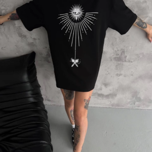 kadın Bisiklet Yaka Baskılı Oversize T-Shirt - Siyah