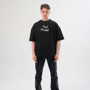 Erkek Bisiklet Yaka Baskılı Oversize T-Shirt - Siyah