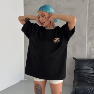 kadın Bisiklet Yaka Baskılı Oversize T-Shirt - Siyah