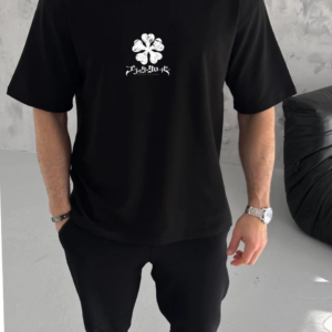 ERKEK Bisiklet Yaka Baskılı Oversize T-Shirt - Siyah