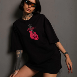 kadın  Bisiklet Yaka Baskılı Oversize T-Shirt - Siyah