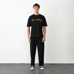 ERKEK Bisiklet Yaka Baskılı Oversize T-Shirt - Siyah