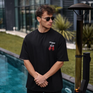 Erkek  Bisiklet Yaka Baskılı Oversize T-Shirt - Siyah