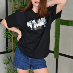 Kadın Bisiklet Yaka Baskılı Oversize T-Shirt - Siyah