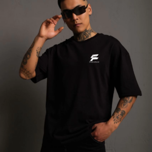 Erkek  Bisiklet Yaka Baskılı Oversize T-Shirt - Siyah