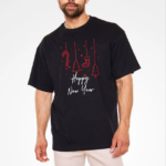 Erkek Bisiklet Yaka Baskılı Oversize T-Shirt - Siyah