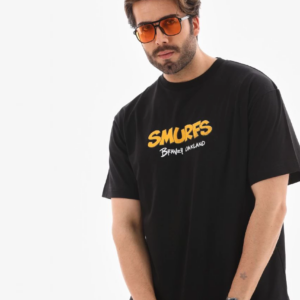 Erkek  Bisiklet Yaka Baskılı Oversize T-Shirt - Siyah