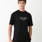 ERKEK Bisiklet Yaka Baskılı Oversize T-Shirt - Siyah