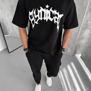 Erkek Bisiklet Yaka Baskılı Oversize T-Shirt - Siyah