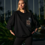 kadın Bisiklet Yaka Baskılı Oversize T-Shirt - Siyah