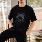 Unisex Bisiklet Yaka Baskılı Oversize T-Shirt - Siyah