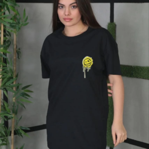 Kadın Bisiklet Yaka Baskılı Oversize T-Shirt - Siyah