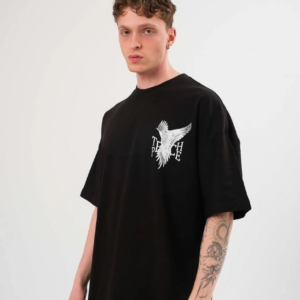 Erkek Bisiklet Yaka Baskılı Oversize T-Shirt - Siyah