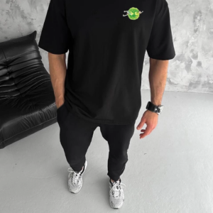 ERKEK Bisiklet Yaka ön ve sırt Baskılı Oversize T-Shirt - Siyah