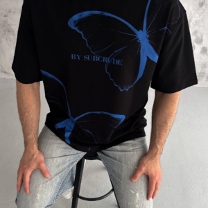 Erkek  Bisiklet Yaka Baskılı Oversize T-Shirt - Siyah