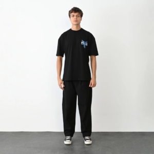 ERKEK Bisiklet Yaka Baskılı Oversize T-Shirt - Siyah