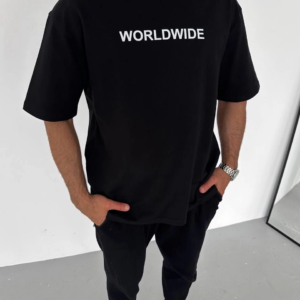 Erkek  Bisiklet Yaka Baskılı Oversize T-Shirt - Siyah