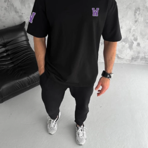 Erkek Bisiklet Yaka Baskılı Oversize T-Shirt - Siyah