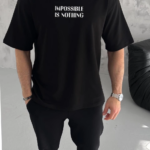 ERKEK Bisiklet Yaka Baskılı Oversize T-Shirt - Siyah