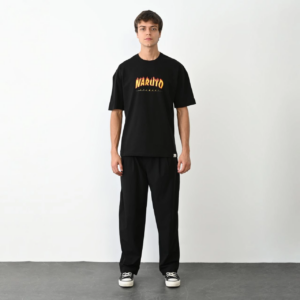 Erkek Bisiklet Yaka Baskılı Oversize T-Shirt - Siyah