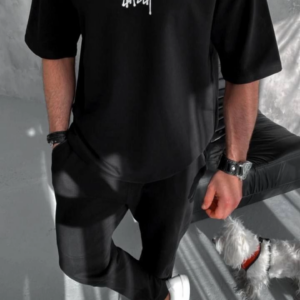 ERKEK Bisiklet Yaka Baskılı Oversize T-Shirt - Siyah