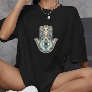 kadın  Bisiklet Yaka Baskılı Oversize T-Shirt - Siyah