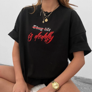 kadın Bisiklet Yaka Baskılı Oversize T-Shirt - Siyah