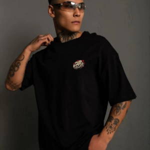 ERKEK Bisiklet Yaka Baskılı Oversize T-Shirt - Siyah