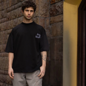 Erkek Bisiklet Yaka Baskılı Oversize T-Shirt - Siyah