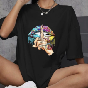 kadın  Bisiklet Yaka Baskılı Oversize T-Shirt - Siyah