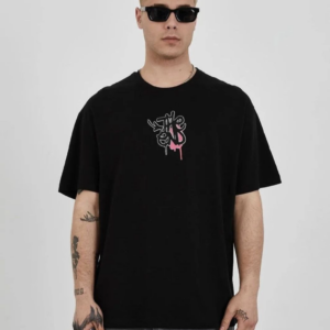 Erkek  Bisiklet Yaka Baskılı Oversize T-Shirt - Siyah