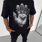 ERKEK Bisiklet Yaka Baskılı Oversize T-Shirt - Siyah