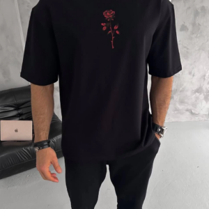 Erkek Bisiklet Yaka Baskılı Oversize T-Shirt - Siyah