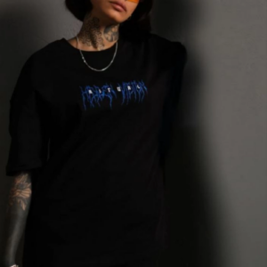 kadın Bisiklet Yaka Baskılı Oversize T-Shirt - Siyah