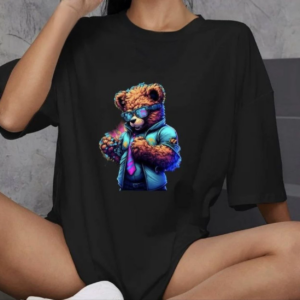 kadın Bisiklet Yaka Baskılı Oversize T-Shirt - Siyah