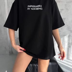 kadın  Bisiklet Yaka Baskılı Oversize T-Shirt - Siyah
