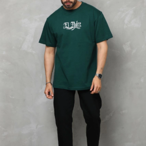 Erkek  Bisiklet Yaka Baskılı Oversize T-Shirt - Yeşil