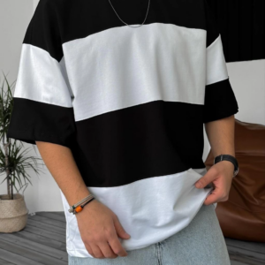 Unisex Bisiklet Yaka Parçalı T-Shirt - Siyah