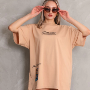kadın  Bisiklet Yaka Baskılı Oversize T-Shirt - Bej