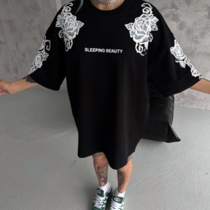 Kadın Flok Kabartma Baskılı T-Shirt - Siyah