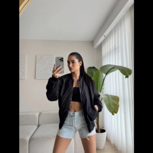 Kadın Siyah Bomber Mont Oversize Kalıp Fermuarlı Cepli Kombinlere Uygun Hafif - Siyah