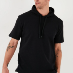 Erkek  Kapşonlu Kısa Kol Düz Oversize T-shirt - Siyah