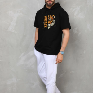 Unisex Kapşonlu Kısa Kol Oversize Baskılı T-Shirt - Siyah