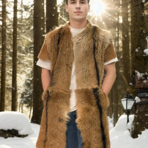 ERKEK orginal deri Kolsuz Uzun Yelek - Kahve